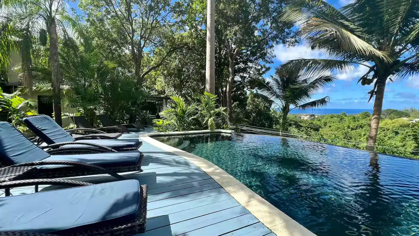 Open-air yoga space surrounded by lush greenery