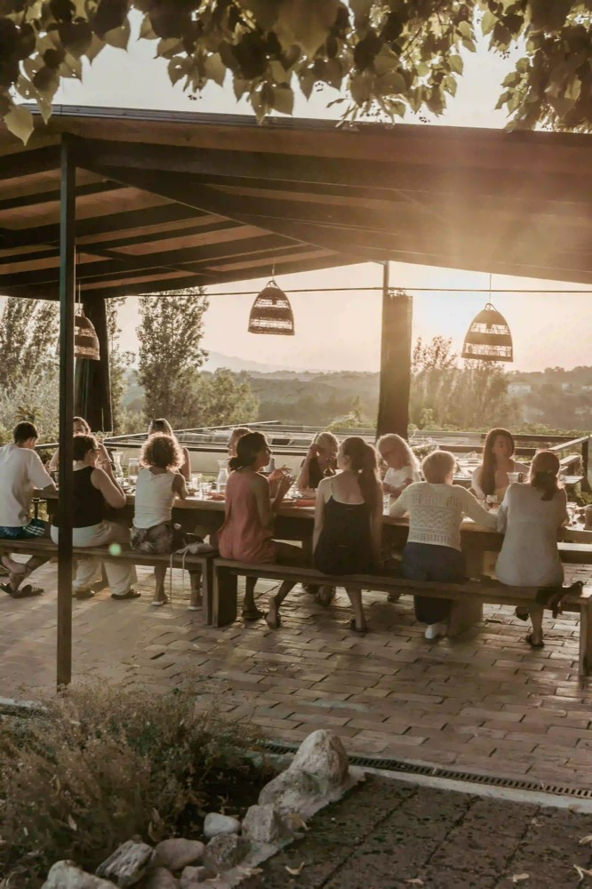 Guests sharing dinner at a long table at golden hour