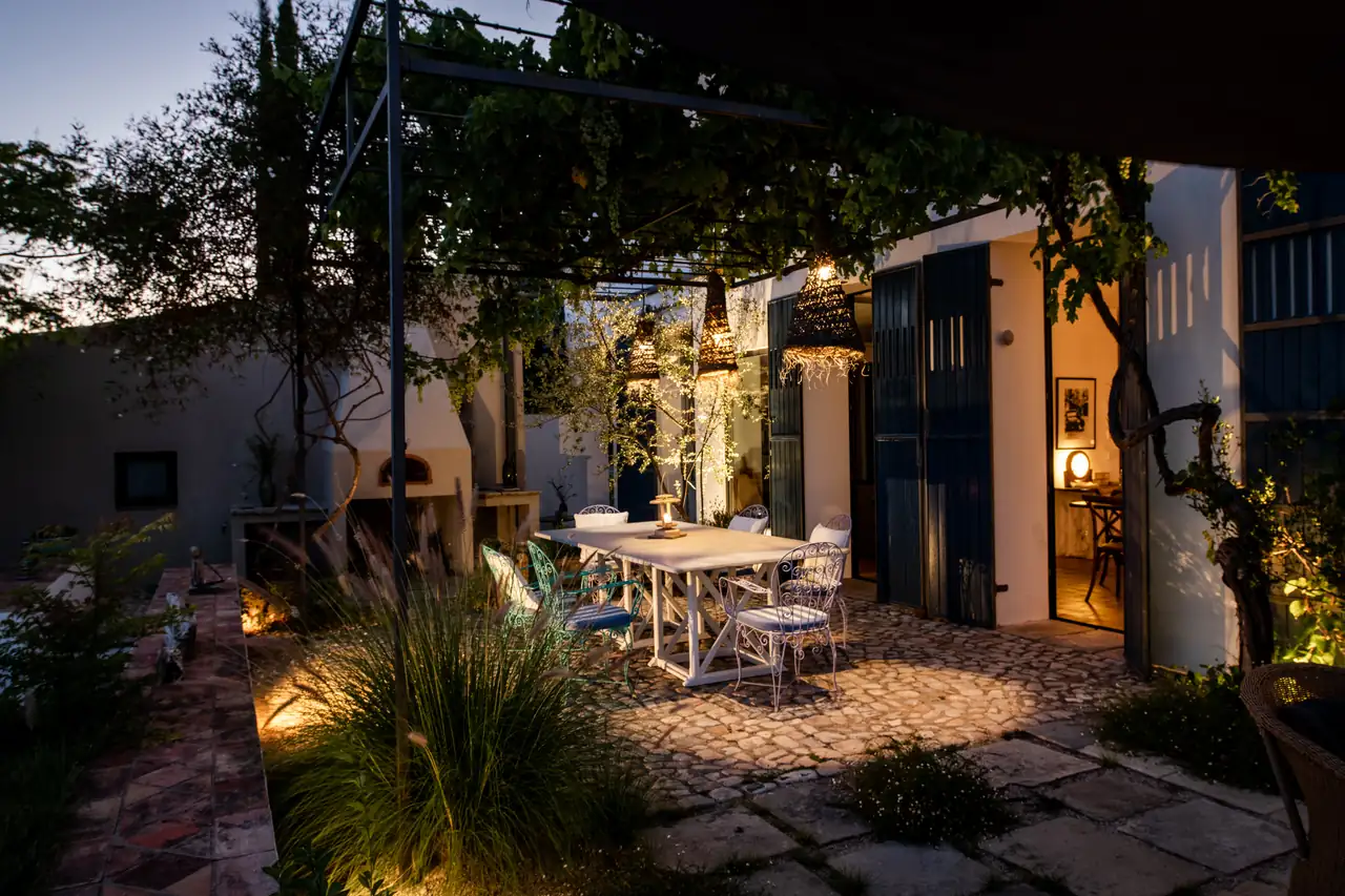 The courtyard lit up in the evening