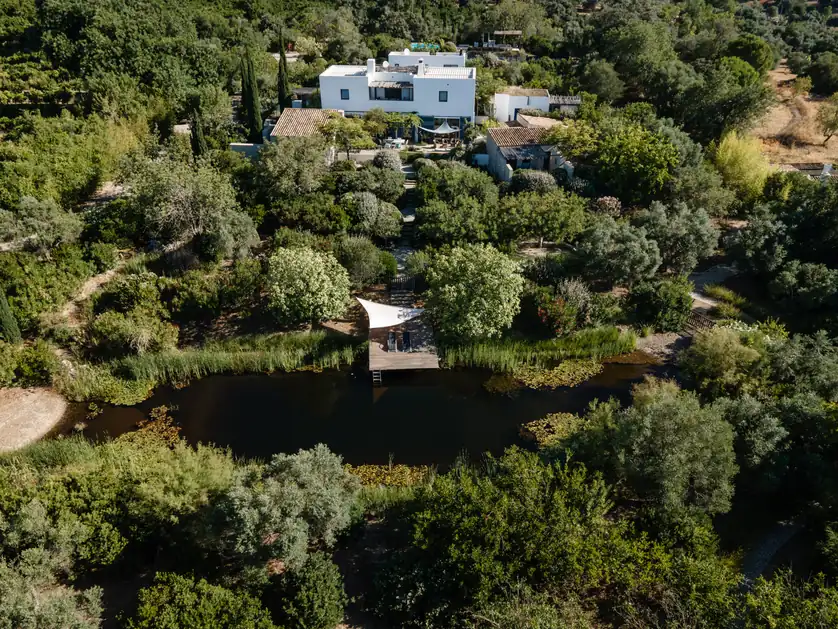 Aerial view of the estate, its pond and wooded hillside