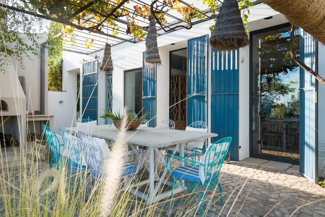The terrace dining table in the shade of a grapevine