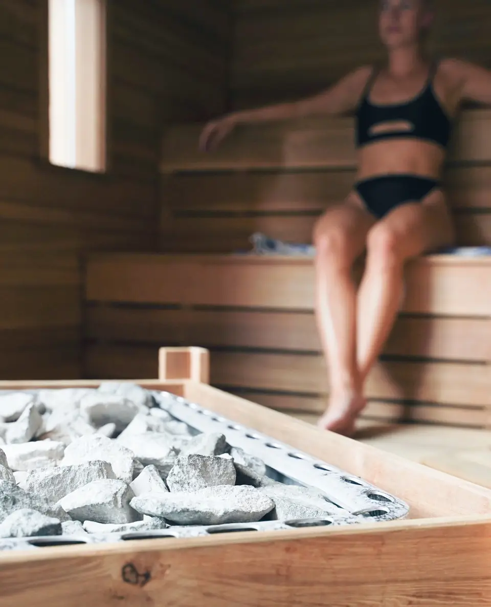 The sauna at Thames Lido, warm cedar and hot stones