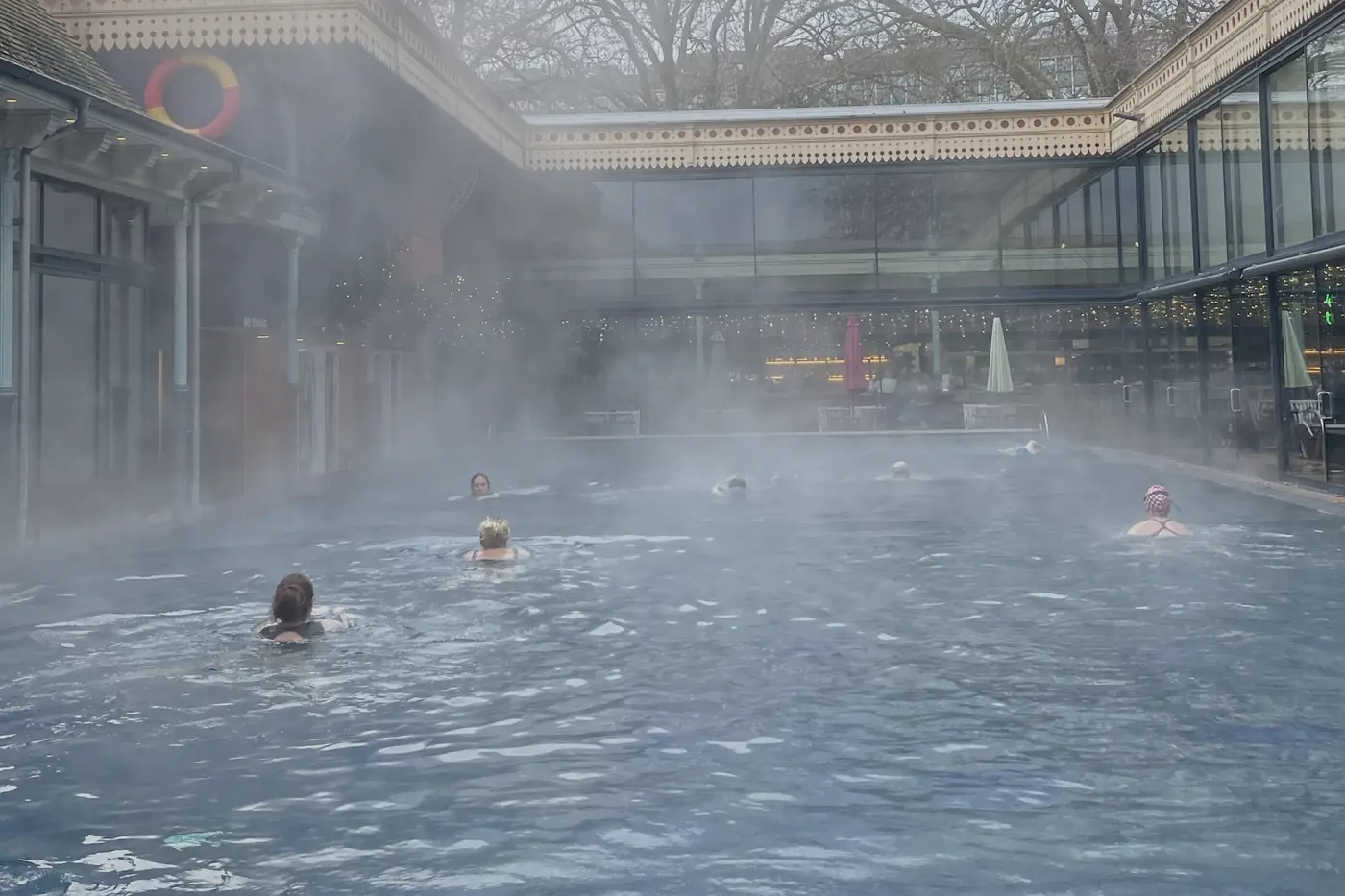 Steam rising off the heated pool at Thames Lido on a winter morning